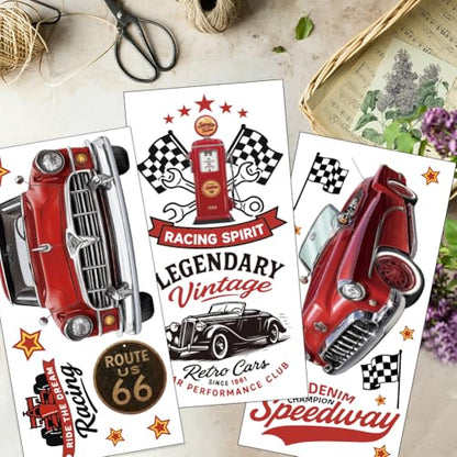 OLYCRAFT 3 Sheets/Set Retro Car Rub on Transfers for Furniture and Crafts 6x12 Inch Red Sports Car Furniture Decal Transfer Stickers Rub on Decal with 1pc Scraper for Wooden Home Wardrobe Decor - style: Retro car
