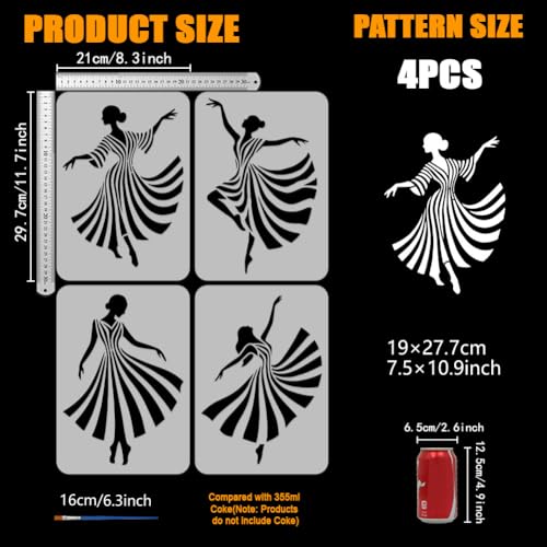 FINGERINSPIRE 4 Pcs Line Dance Figure Painting Stencil with Paintbrush 11.7x8.3inch Reusable Dancers Silhouette Stencil Reusable Plastic Template for Wood Wall Furniture Home Gift Decoration - style: Line Dance Figure