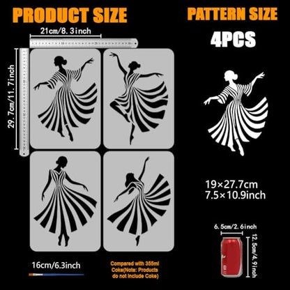 FINGERINSPIRE 4 Pcs Line Dance Figure Painting Stencil with Paintbrush 11.7x8.3inch Reusable Dancers Silhouette Stencil Reusable Plastic Template for Wood Wall Furniture Home Gift Decoration - style: Line Dance Figure