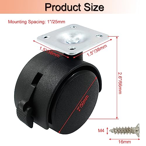 2 Inch Swivel Caster Wheels with Brake, Plate Caster, 4pcs - style: 2 Inch with Brake
