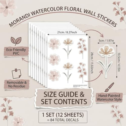 84PCS Watercolor Floral Wall Decals, Waterproof PET Stickers for Bedroom