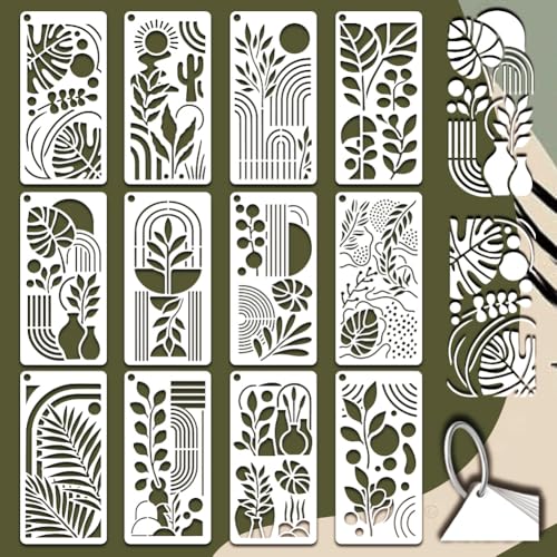 12 Sheets 12 Styles Leaves Plants Stencils for Painting, 9.4 x 4.7 in Boho Simple Lines PET Painting Templates Leaf Reusable Drawing Templates for Painting on Wall Wood Home Decor - style: Leaves Plants