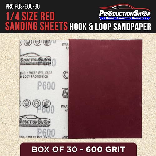 ProductionShop Premium Red 600 Grit 1/4 Sheet Size Red Sanding Sheets, Box of 30 - Hook & Loop Backing Sandpaper, Fine-Cut Abrasive - Fits Palm Sanders, Hand Sanding Blocks - Woodworking, Auto Paint - style: 600 Grit