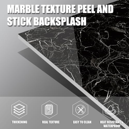 Marble Peel and Stick Backsplash 23.6 x11.8 in, 10PCS, Black - color: Black Marble