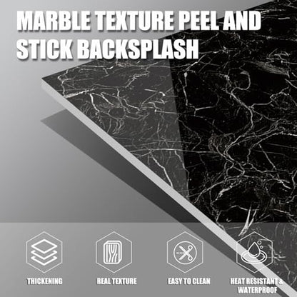 Marble Peel and Stick Backsplash 23.6 x11.8 in, 10PCS, Black - color: Black Marble