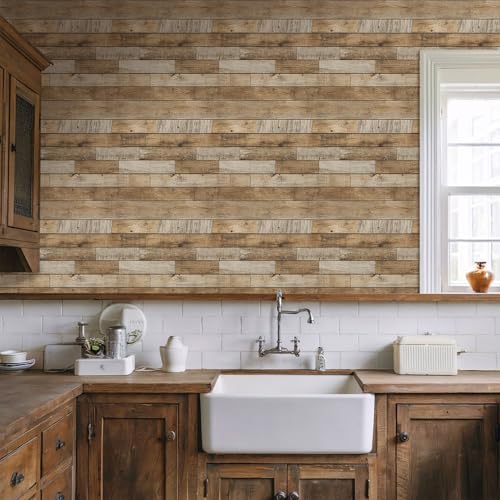 COMSTICKC 3D Faux Wood Wall Sticker Shiplap Peel and Stick, Not Real Wood - color: Raw Wood