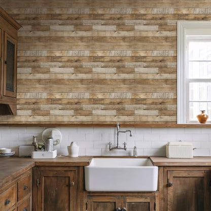 COMSTICKC 3D Faux Wood Wall Sticker Shiplap Peel and Stick, Not Real Wood - color: Raw Wood