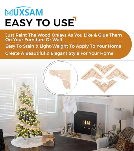 4Pcs Decorative Furniture Appliques Wood Carved Corner Onlays Wooden Decals - size: 3.15 x 3.15 inches