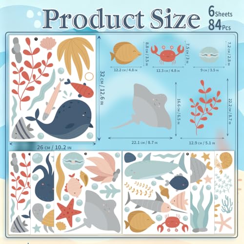 Ocean Animals Wall Decals, 6 Sheets 84 Pcs - color: Sea Creature