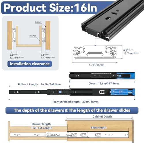 16 Inch Push to Open and Soft Close Drawer Slides,Full Extension,1 Pair - size: 16 Inch