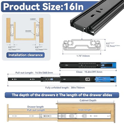 16 Inch Push to Open and Soft Close Drawer Slides,Full Extension,1 Pair - size: 16 Inch