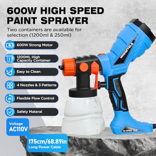 Electric Paint Sprayer with 600W HVLP Spray Gun, 4 Nozzles and 3 Patterns