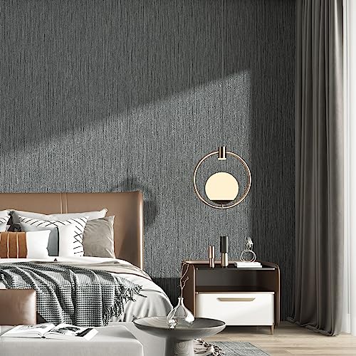 Haimin Grasscloth Wallpaper Textured 24in X 393in Fabric Contact Paper Gray Wall Paper Textured Linen Wallpaper Peel and Stick Self-Adhesive Thick Vinyl Embossed Film Wallpaper (Gray) - color: Gray and Black