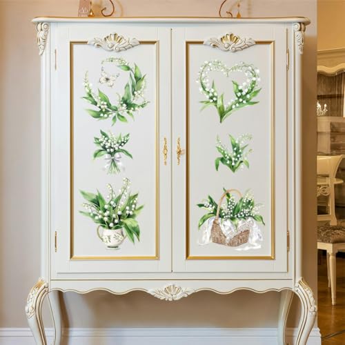 Peacoblue Rub on Transfer Decal Sticker for Furniture Craft Decor 6"x12" Lily of The Valley, 3Pcs Waterproof UV DTF Transfer for Drawer Dresser Glass Porcelain Wood Plastic - style: Lily of The Valley
