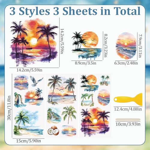 WANDIC 3 Sheets Beach Rub on Transfer Stickers Seaside Decals Sunset Stickers Waterproof Decals for for DIY,15 * 30CM - color: Beach