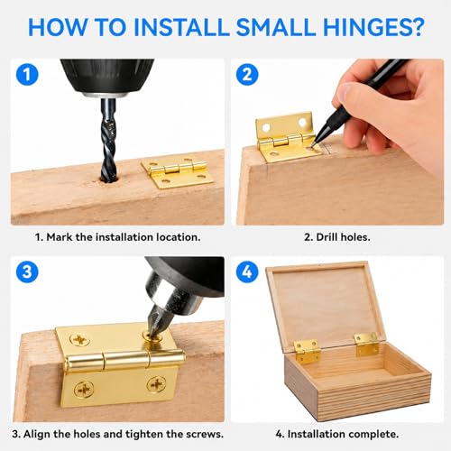 50-Pack 18 x 15mm Gold Mini Hinges, 200 Screws for Jewelry Boxes - color: Gold