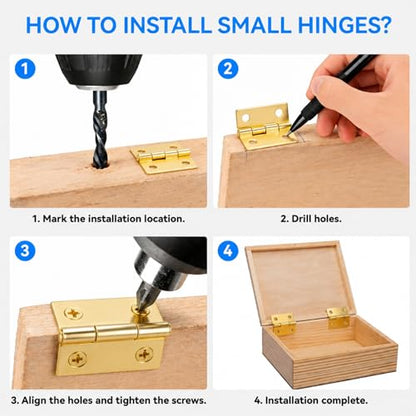 50-Pack 18 x 15mm Gold Mini Hinges, 200 Screws for Jewelry Boxes - color: Gold