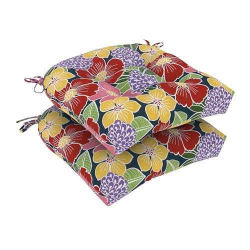 DYTXIII Set of 2 Outdoor Chair Cushions 19"x19"x4", Water Repellent Tufted Patio Seat Cushions with Ties, Thick Replacement Pads for Wicker Dining Chairs, Patio Furniture, Flower Bloom - color: Flower Bloom