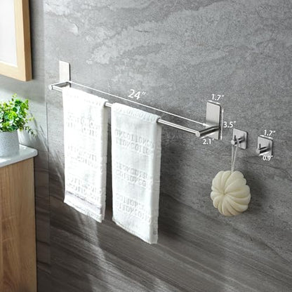 Taozun Towel Bar - 24 Inch Towel Holder with 2 Packs Adhesive Hooks - color: Silver, size: 24-inch