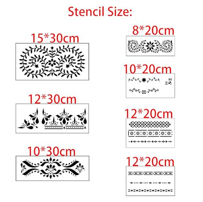 Inlay Border Stencil Set – Pack of 7 Reusable Boho Indian Pattern Stencils for Wood, Wall, Fabric, and Furniture Painting