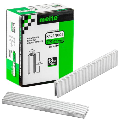 meite 18 Gauge 1/4-Inch Narrow Crown Staples, 7/8-Inch Length Heavy Duty Galvanized Upholstery Staples for Electric or Pneumatic Narrow Crown Staple Guns (4,000 PCS) - size: 7/8" Length, style: 1 Box