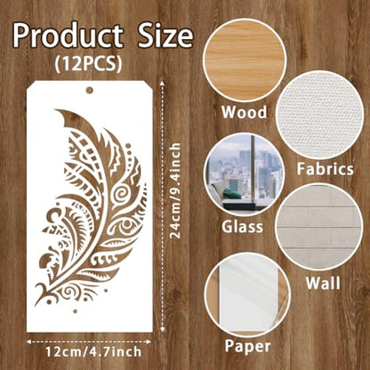 12 Pcs Painting Stencils, 12 Styles Feathers Pattern Stencil Templates Reusable Craft Templates for Painting on Wall Decor Fabric Wood Canvas - style: Feathers