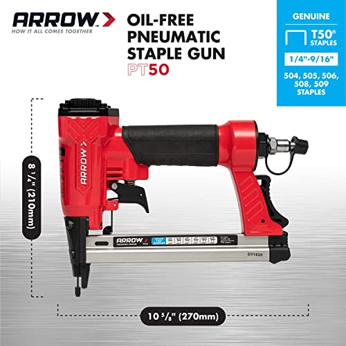 Arrow PT50 Oil-Free Pneumatic Staple Gun,Professional Heavy-Duty Stapler for Wood,Upholstery,Carpet,Wire Fencing,Fits 1/4”,5/16”,3/8",1/2",9/16” Staples,Red,(Pack of 3) - size: 1 Unit (Pack of 3)