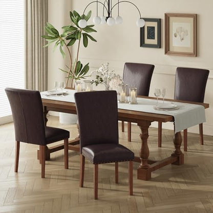 COLAMY Upholstered Parsons Dining Chairs Set of 4, PU Leather Dining Room Kitchen Side Chair with Nailhead Trim and Wood Legs - Dark Brown - color: L-darkbrown, size: Set of 4