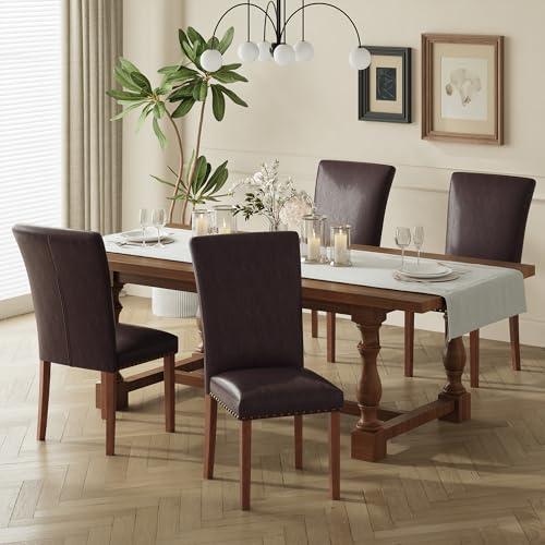 COLAMY Upholstered Parsons Dining Chairs Set of 4, PU Leather Dining Room Kitchen Side Chair with Nailhead Trim and Wood Legs - Dark Brown - color: L-darkbrown, size: Set of 4