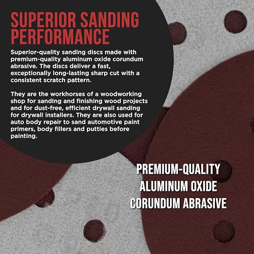 ProductionShop Premium 5" Red 8-Hole Pattern 150 Grit Sanding Discs, Box of 50 - Dustless Hook & Loop Backing Sandpaper for Random Orbital Sanders, Medium-Fine-Cut Abrasive - Woodworking, Auto Paint - style: 150 Grit