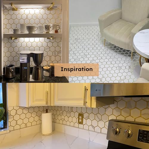 Diflart 10-Pack Peel and Stick White Gold Marble Hexagon Backsplash Tile - color: White Marble + Gold Metal Hexagon, size: 10 Sheets