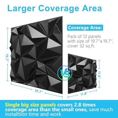STICKGOO 3D Wall Panels, Black Diamond Design, 12 Pack, 19.7''x19.7'' - color: Black