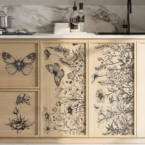 PLIGREAT 3 Sheets Black Flowers Rub on Transfer for Furniture 6"x12" Sketch Floral Butterfly Craft Transfer Rub on Dressers Wardrobe Decor Insect Transfers Decals for Scrapbooking Crafts Decorative - style: Sketch Flower