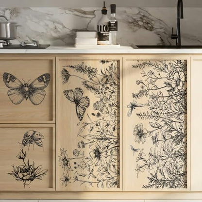 PLIGREAT 3 Sheets Black Flowers Rub on Transfer for Furniture 6"x12" Sketch Floral Butterfly Craft Transfer Rub on Dressers Wardrobe Decor Insect Transfers Decals for Scrapbooking Crafts Decorative - style: Sketch Flower