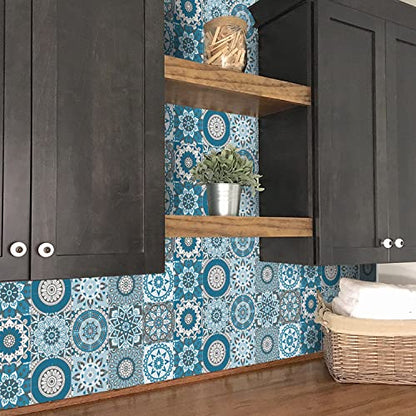 Easy Peel Stick Vinyl Moroccan Tile Decals 4x4in Stick on backsplash,24Pc - color: Cyan Mandala 3.93x3.93