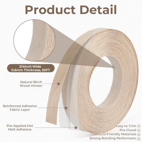 Sliner 2 Roll Wood Edge Banding Kit with 1 Edge Banding Trimmer Cutter Tool 3/4 Inch 50 ft Pre-glued Plywood Flexible Veneer Sheets Woodworking Tool for Countertop Furniture Cabinet Plywood (Birch)