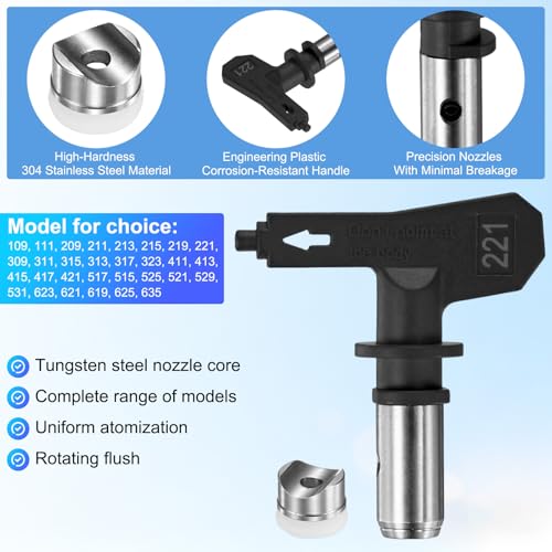 M METERXITY 1-Set Airless Paint Sprayer Tips, Tungsten Steel Reversible Spray Tips with 1 Pad for Homes/Buildings/Garden/Decks/Fences [Black, 221] - size: 221