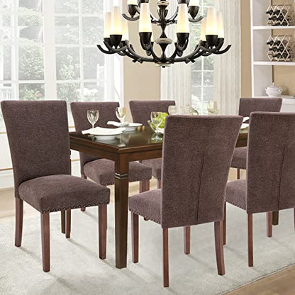 Parsons Dining Chairs Set of 2, Upholstered Nailhead Dining Room Kitchen Side Chair with Thick Cushions and Wood Legs, Brown - color: Brown, size: set of 2