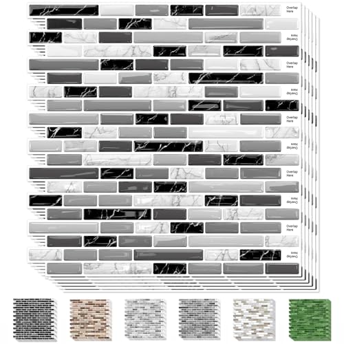 URCOLOR 10-Sheet Peel and Stick Backsplash Tile for Kitchen - 12”×12” Stick on Wall Tile for Bathroom, Black White Grey - color: Black White Grey