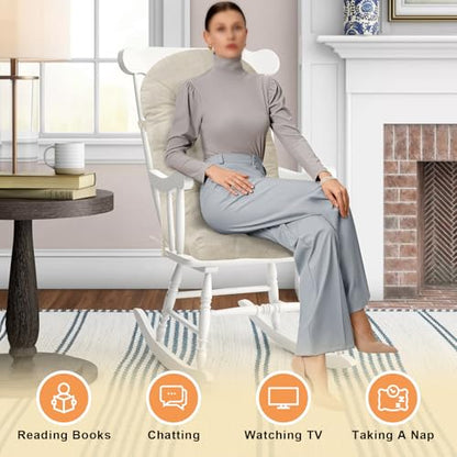 Rocking Chair Cushion - Chenille Fabric, High-Density Sponge, Durable Comfort Non-Slip Bottom Tufted Seat Pads with Ties, Chenille︱Cream, 44x19x4 inch - color: Cream
