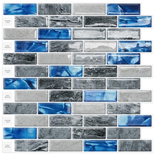 DEWOO Peel and Stick Backsplash 3D Self Adhesive Wall Tile Blue 10 Sheet - color: Marble Blue