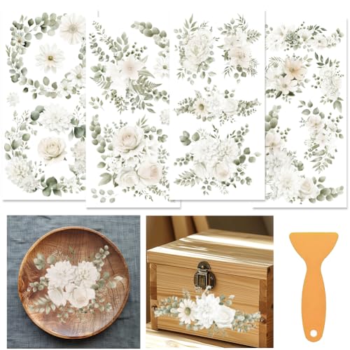 4 Sheets White Rose Flower Rub on Transfers for Crafts, 12×6in