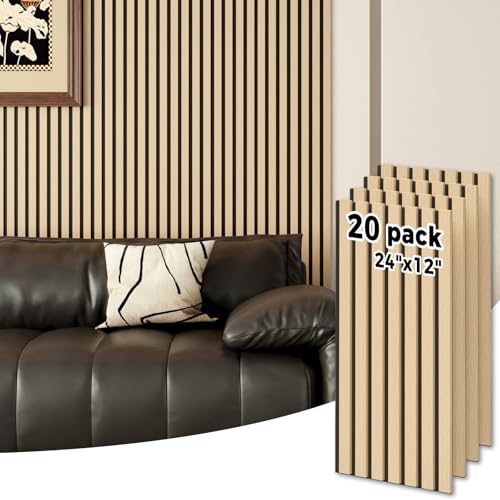 Wood Wall Panels 24" x 12" Acoustic Wood Slat Wall Panel, 20-Pack(40ft²) Soundproof Wood Slat Panel for Noise Cancelling and Interior Wall Decoration, Living Room, Bedroom, Office, Oak - color: Oak