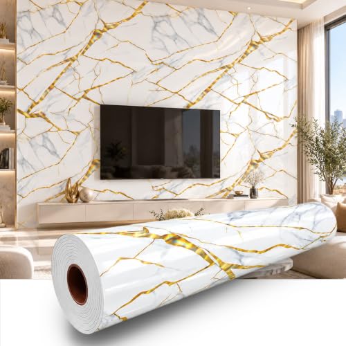 White Holographic Bold Gold Marble Peel&Stick Wallpaper 47.2x394in - color: White Holographic Bold Gold Marble, size: 47.2" x 394"