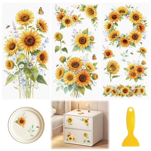Rub On Transfers for Crafts, 3pcs Sunflower Theme Transfers UV DTF Stickers Waterproof Decals for Wood Door Window Cup DIY Home Decor - color: Sunflowers