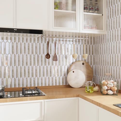 CRE8TIVE 4 Sheets Long Fish Scale Tile Peel and Stick Backsplash for Kitchen and Bathroom Adhesive Backsplash Stick on Wall Tiles Peel and Stick Shower Tile Waterproof 12"x12" White Brown Slate Tiles - color: White Brown, size: 12"x12" (4-Sheets)