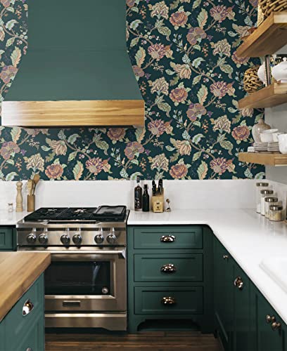 NextWall Kianna Jacobean Floral Peel and Stick Wallpaper (Victorian Jade) - color: Victorian Jade