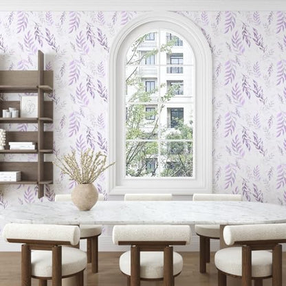 Laatse Light Purple Leaf Floral Wallpaper Peel and Stick 17.5"x393" - color: Purple&White, size: 17.5" x 393"