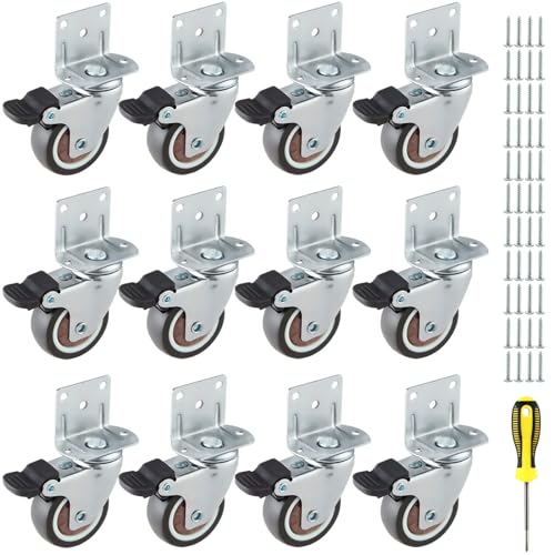 1.5 Inches Side Mount Caster Wheels Set of 12 L-Shaped Rubber Small Locking Swivel Caster Heavy-Duty Double Plate Castor with Brake Industrial Metal Wheel for Workbench, Furniture, Cabinet, Woodbox - style: 12-pack 1.5 IN/ With brake/ L-Shape