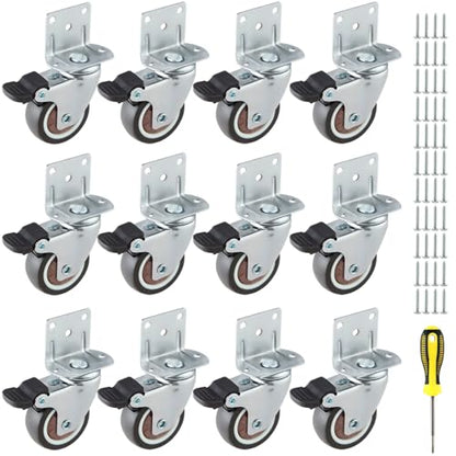 1.5 Inches Side Mount Caster Wheels Set of 12 L-Shaped Rubber Small Locking Swivel Caster Heavy-Duty Double Plate Castor with Brake Industrial Metal Wheel for Workbench, Furniture, Cabinet, Woodbox - style: 12-pack 1.5 IN/ With brake/ L-Shape